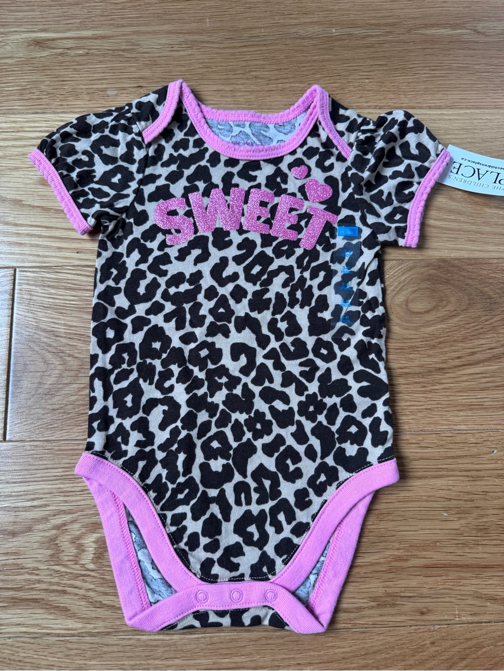 The Children's Place Leopard Print Bodysuit with Pink Trim and Glitter "SWEET"